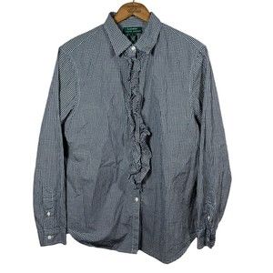 Lauren Ralph Lauren Ruffle Trim Womens Button Up Black White Check Large Shirt